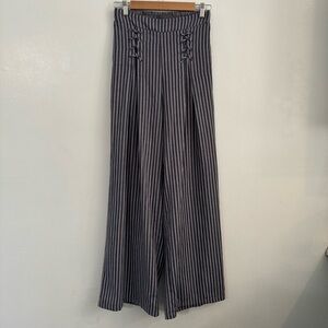 Suzanne Betro Wide Leg Cotton High‎ Waisted Corset Cinched Flowy Striped Pants